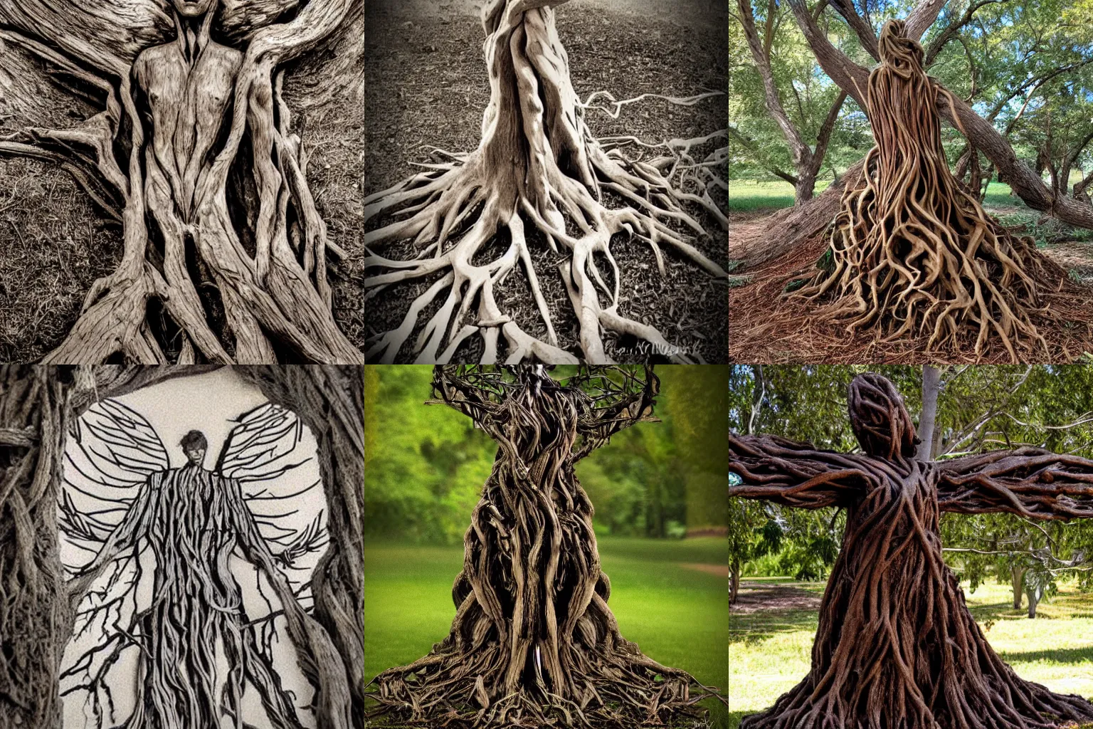 Prompt: angel made of twisting tree roots