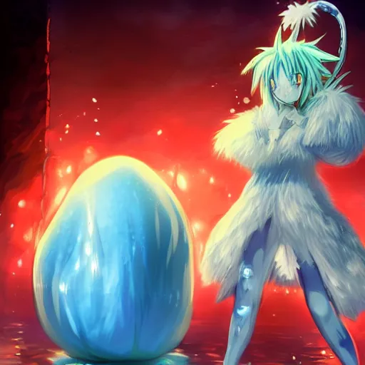 Image similar to rimuru tempest melting into blue slime, fan art, tensei shitara slime datta ken, cute, highly detailed, professional digital painting, concept art, tensura illustration, unreal engine 5, manga, light novel, hd quality, 8 k, bridegroom suit, fur scarf, cinematic, art by andy warhol, yoshitaka amano