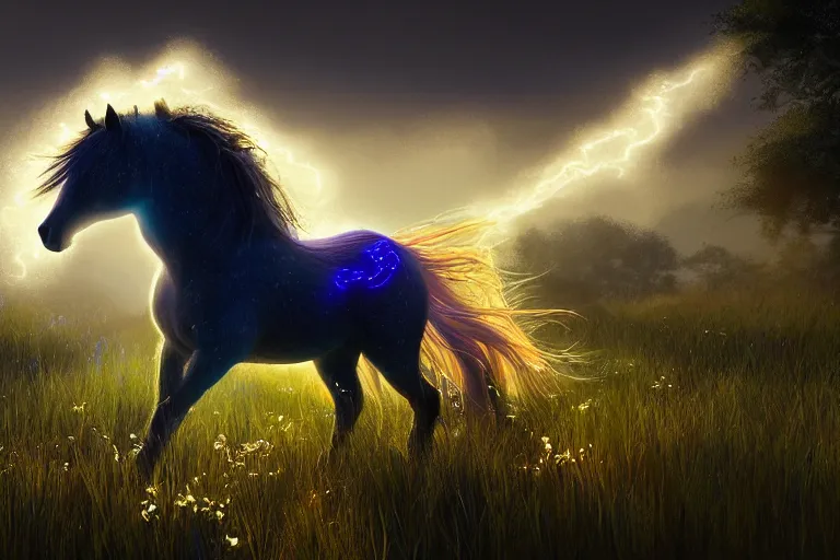 Image similar to a stunning horse with a mane of bioluminescent plants running through a meadow by eddie mendoza ( flowerpunk ), volumetric light, digital art, fine detail, photorealistic