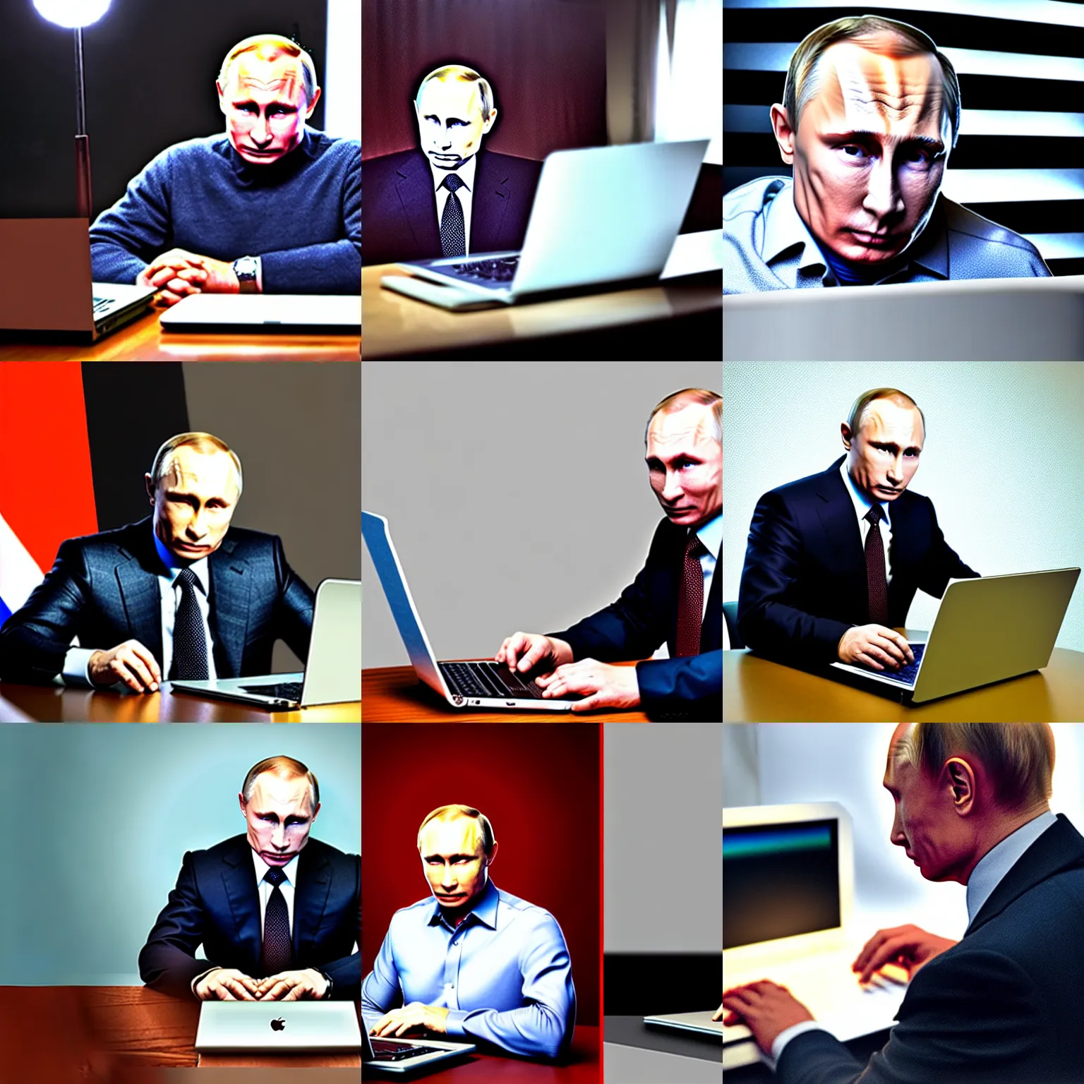 Image similar to photograph of putin using laptop, color, studio lighting