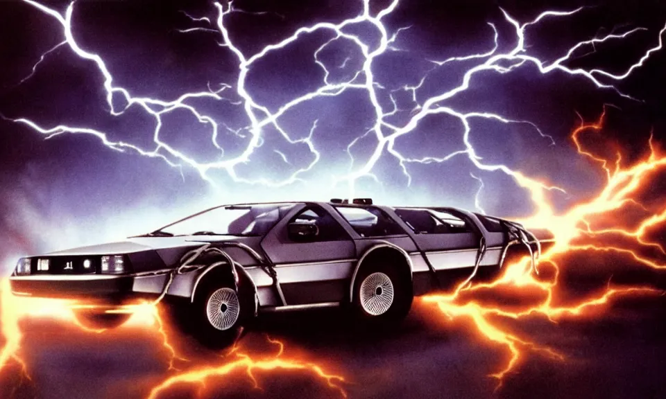 Image similar to scene from back to the future, delorean driving fast, lightning, fire, driving through portal