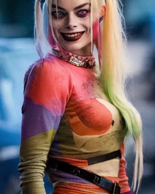 Image similar to gorgeous suicide squad margot robbie that looks like harley quinn, long blonde hair and big eyes, beautiful smile, finely detailed perfect face, standing on the wet street at sunset, a movie directed by christopher nolan, movie still frame, promotional image, imax 7 0 mm footage