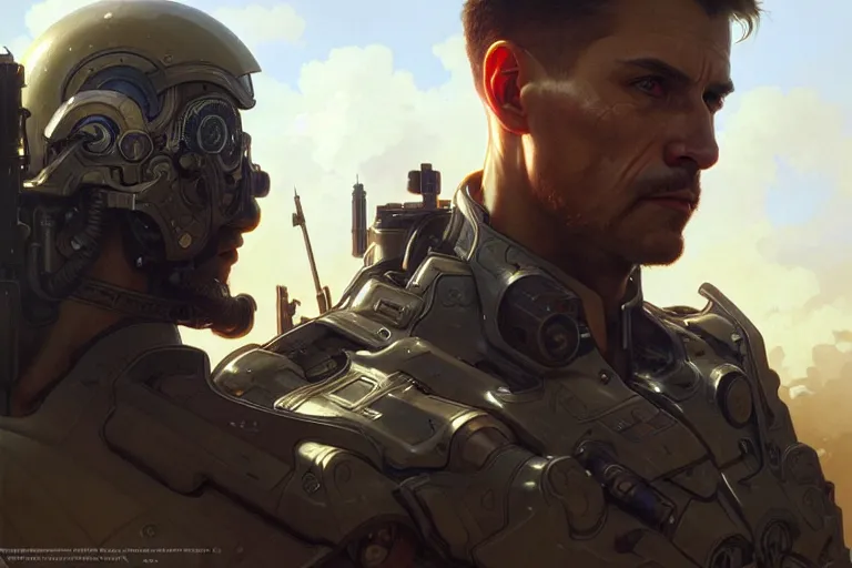 Image similar to ultra realistic illustration, male cyborg military commander, looking at a battlefield, intricate, elegant, highly detailed, digital painting, artstation, concept art, smooth, sharp focus, illustration, art by artgerm and greg rutkowski and alphonse mucha