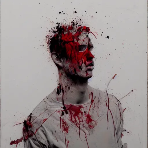 Prompt: matte portrait of a depressed young man covered in dirt and blood, by Antony Micallef by Ashley Wood