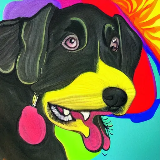 Prompt: a cute dog. the painting is very colorful and expressive, using a lot of black space which makes the characters and scenes pop out. unique way of using line work and color to create a sense of movement and energy. has a dreamlike quality and includes elements of nature.