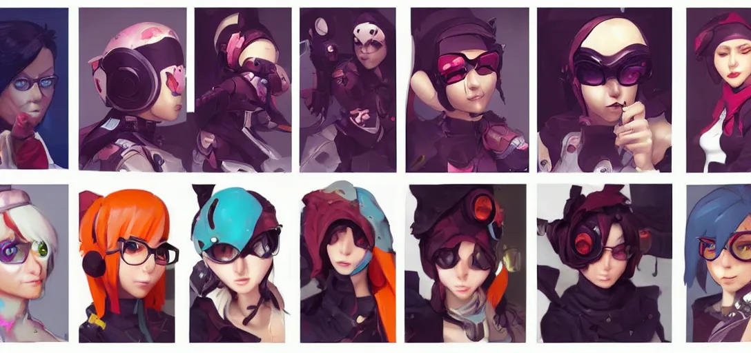 Image similar to concept art of female video game characters head designs, punk, disgaea, flcl, overwatch, by marc brunet and artgerm