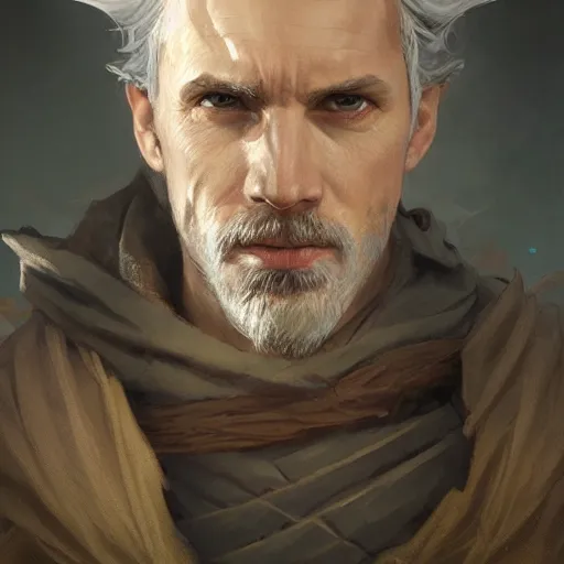 Image similar to rugged robed white male sorcerer, fantasy, D&D, portrait, piercing stare, highly detailed, digital painting, artstation, concept art, matte, sharp focus, illustration, art by artgerm and greg rutkowski and alphonse mucha