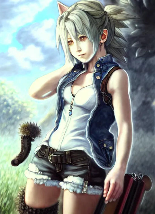 Prompt: a portrait of catgirl wearing white vest, and denim shorts an ultrafine detailed painting, detailed painting, detailed eyes!!, final fantasy octopath traveler lovecraft cosmc horror