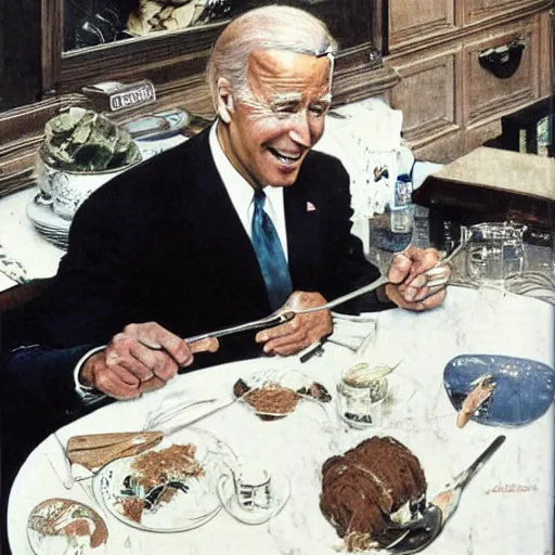 Image similar to joe biden eating a bowl of spaghetti, norman rockwell