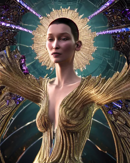 Image similar to a highly detailed metahuman 4 k close up render of an alien goddess bella hadid monument shakti in iris van herpen dress schiaparelli in diamonds crystals swarovski and jewelry iridescent in style of alphonse mucha gustav klimt trending on artstation made in unreal engine 4