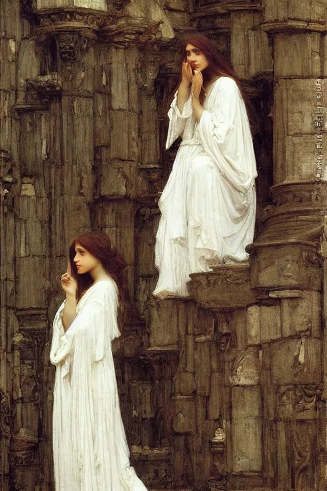 Image similar to beautiful woman in white robes by john william waterhouse, preraphaelite style, detailed, defined, chiaroscuro