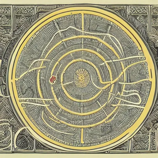 Image similar to The map is covered in intricate drawings and symbols that appear to depict the flow of some sort of energy or substance. The center of the map is dominated by a large spiral, with lines emanating out from it in all directions. There are three main sections to the map: the left side, the right side, and the middle. The left side appears to be a series of interconnected chambers, while the right side is a series of mazes. The middle section is a series of interlocking gears.