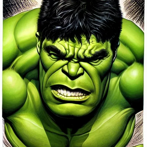 Prompt: portrait of hulk with yellow skin, ultra detailed, hdr, intricate, joe jusko