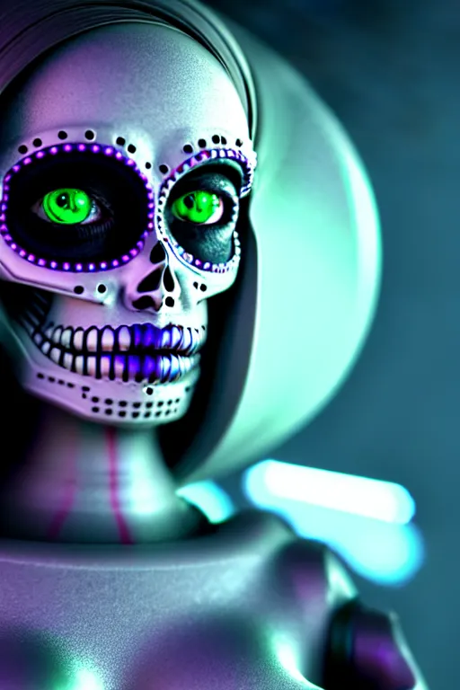 Prompt: ultra detailed, portrait of Female Android, dia de los muertos, scifi, cyberpunk, fantasy, octane render, intricate details, eerie, movie still, artstation, concept art, smooth, sharp focus, no blur, no dof, Unreal Engine 5, Photorealism, HD quality, 8k resolution, cinema 4d, 3D, beautiful, cinematic, art by artgerm and Godmachine and michael welan and DZO and greg rutkowski and alphonse mucha and loish and WLOP