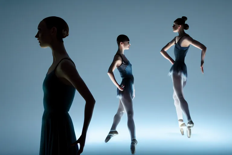 Image similar to vfx film closeup, futuristic ballerinas stand - off, flat color profile low - key lighting award winning photography arri alexa cinematography, hyper real photorealistic cinematic, atmospheric cool colorgrade