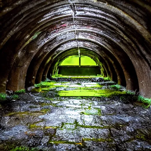 Prompt: down in the sewers of london, dark damp atmosphere, water dripping from the moss covered ceiling