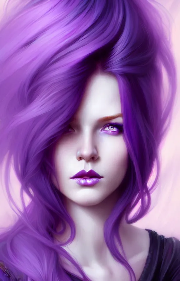 Prompt: Purple hair relistic Portrait of a woman with bright colored hair, all shades of purple. Hair coloring, long hair, blue eyes, fantasy, intricate, elegant, highly detailed, digital painting, artstation, concept art, smooth, sharp focus, illustration, art by artgerm and greg rutkowski and alphonse mucha