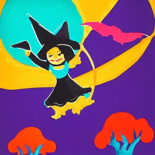 Image similar to colorful printmaking of a witch flying