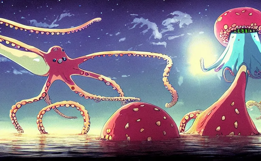 Image similar to a realistic cell - shaded studio ghibli concept art from paprika ( 2 0 0 6 ) of a flying multi - colored octopus from close encounters of the third kind ( 1 9 7 7 ) and dimensional portal to another world above a flooded pyramid complex on a misty starry night. very dull colors, wide shot, hd, 4 k, hq