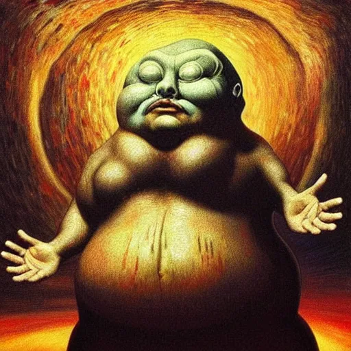 Prompt: Fat chungus Elon musk recognizes its soul in the mirror - contest-winning artwork by Salvador Dali, Beksiński, Van Gogh, Giger, and Monet. Stunning lighting
