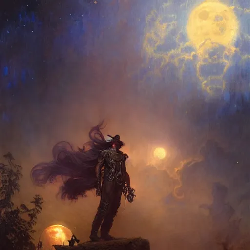 Image similar to attractive phantom on acid, fantasy, full moon in background. highly detailed painting by gaston bussiere, craig mullins, j. c. leyendecker, mid shot, 8 k realistic, cryengine, frostbite 3 engine, sharp focus