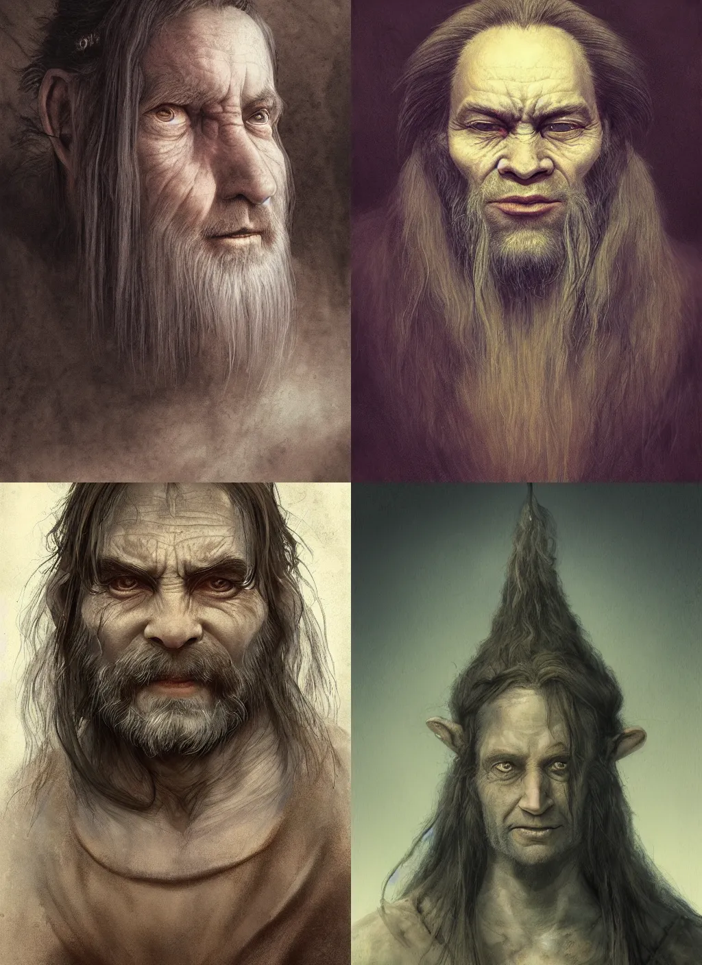 Prompt: portrait of a gentle and wise troll with long hairs in alan lee and marc simonetti and emil melmoth style , cinematic lighting