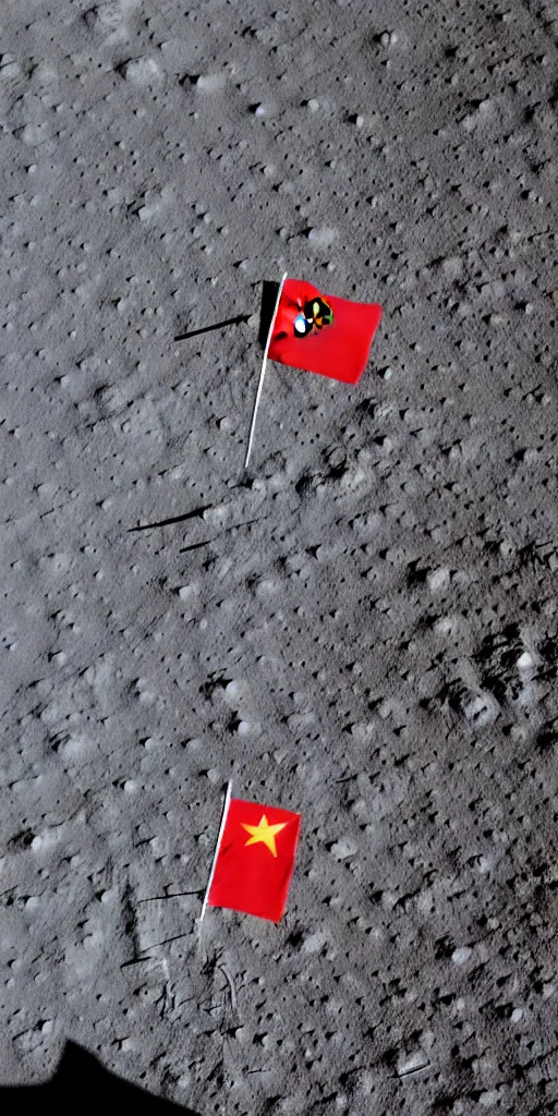 Prompt: lunar module, lunar surface, chinese national flag, astronauts salute, backlight.