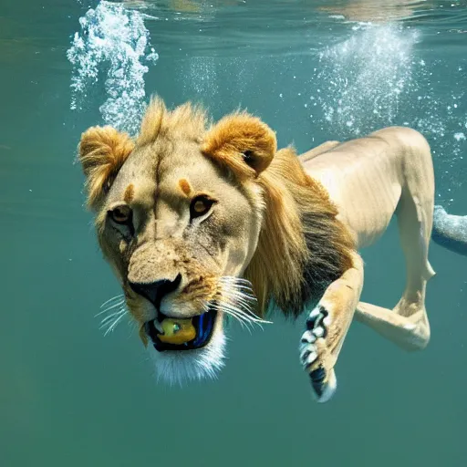 Image similar to photo of lion swimming in river, underwater