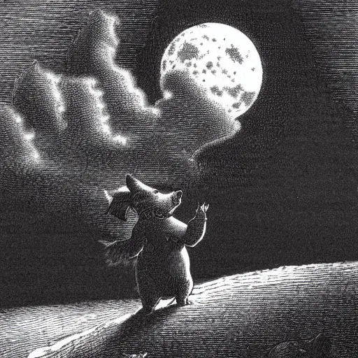 Prompt: pig in a tuxedo in front of the moon, dark clouds, high detail, dramatic light, illustration by gustave dore