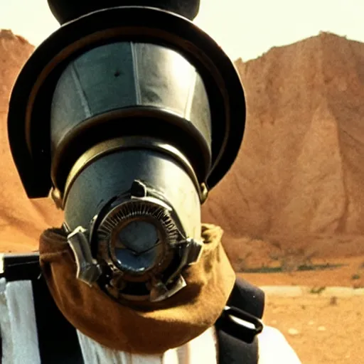 Image similar to an 1 8 0 0's admiral wearing a gasmask, in the desert, film still, arriflex 3 5