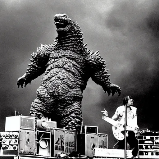 Prompt: Godzilla playing with The Who, on stage at Woodstock, photo