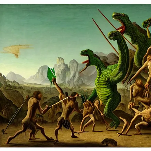 Prompt: A green scaly dinosaur fighting with several realistic detailed cavemen with proportioned bodies armed with spears, coarse canvas, visible brushstrokes, intricate, extremely detailed painting by Jan van Goyen