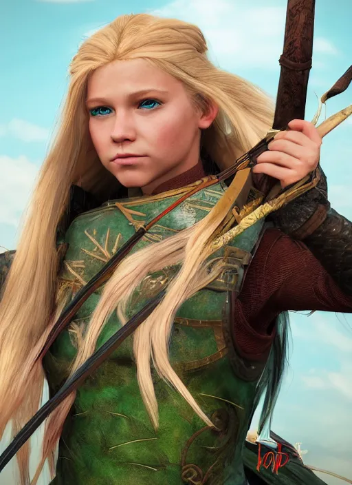 Prompt: An epic fantasy comic book style portrait painting of a young girl with long blonde hair and blue eyes. Wearing brown, green and pink leather tribal combat clothes. She is holding hunting bow. Unreal 5, DAZ, hyperrealistic, octane render, cosplay, RPG portrait, dynamic lighting