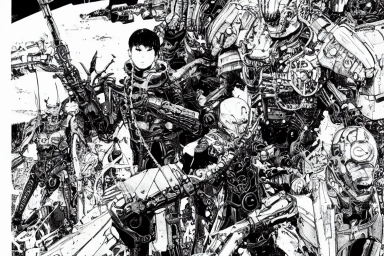 Image similar to cyborg bounty hunters in a no man's land, a color illustration by tsutomu nihei, tetsuo hara and katsuhiro otomo