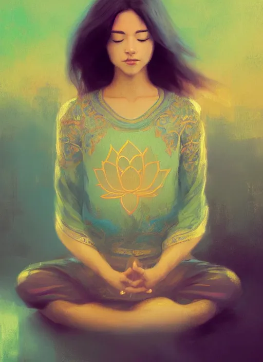 Prompt: girl meditating in lotus position, teal uniform, intricate, elegant, highly detailed, artstation, sharp focus, illustration, ruan jia, mandy jurgens, rutkowski, mucha