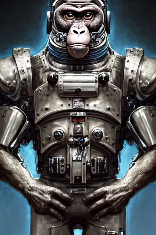 Image similar to a portrait of a muscular anthropomorphic cyberpunk monkey in spacesuit armor with ensignia on chest plate by sandra chevrier, by jon foster, detailed render, post - processing, extremely hyperdetailed, intricate, epic composition, cybernetics, 4 k realistic, cryengine, realistic shaded lighting, sharp focus, masterpiece, by enki bilal