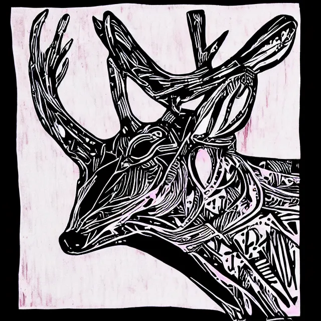 Image similar to linocut of a cybernetic deer. pink, black and white color pallette.