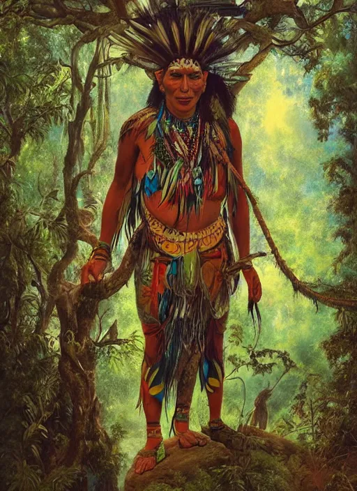 Image similar to a beautiful painted portrait of an indigenous shaman chanting in the jungle, matte painting, fantasy art, ayahuasca