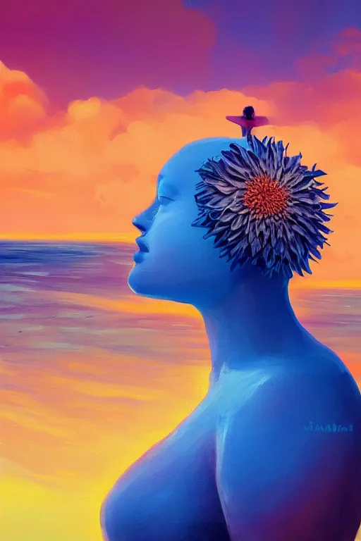 Image similar to closeup giant dahlia flower head, girl laying on beach, surreal photography, blue sky, sunrise, dramatic light, impressionist painting, digital painting, artstation, simon stalenhag