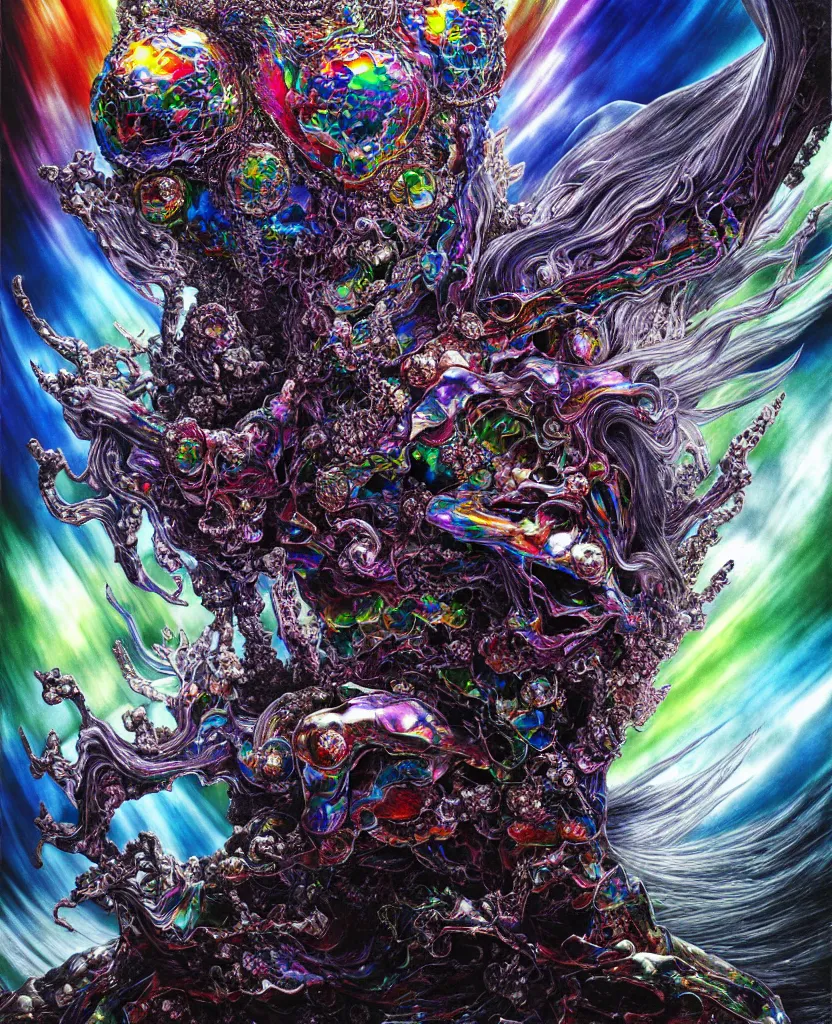 Image similar to realistic detailed image of ultra wrathful rainbow diamond iridescent mega god of chaos, depth perception, depth of field, action horror by ayami kojima, neo - gothic, gothic, part by adrian ghenie and gerhard richter. art by yoshitaka amano. masterpiece