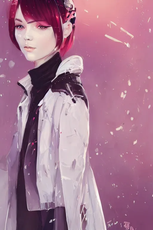Prompt: classy elegant sophisticated it is a full length portrait. of a lovely girl with short pink hair, wearing a white future loose cyberpunk jacket, surrounded by many bows, fantasy art by saruei and guweiz and ilya kuvshinov, sleek curves, intricate sharp focus, trending on artstation hq, deviantart, pinterest, unreal engine 5, 4 k uhd image
