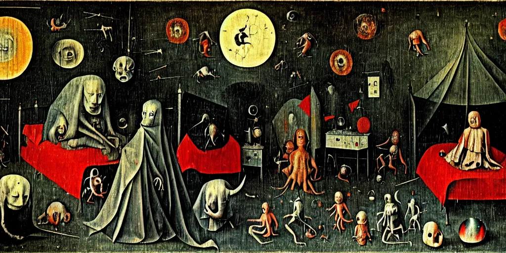 Prompt: a cosmic horror monstrosity inside of a childs bedroom, painting by hieronymous bosch, extremely detailed, disturbing, cinematic, 4 k, 8 k,