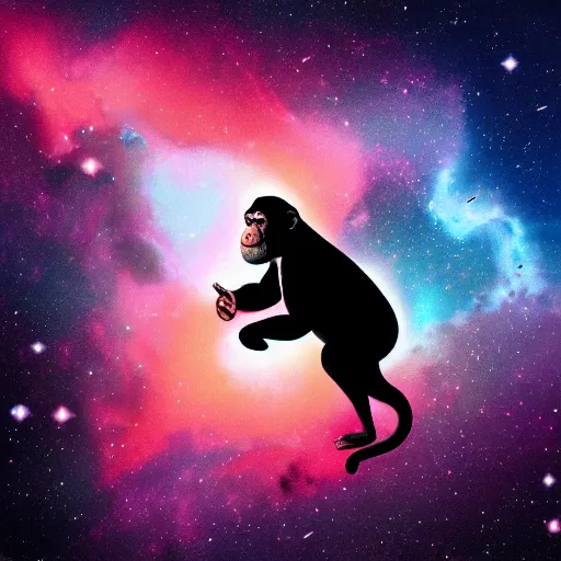 Image similar to A chimpanzee floating through outer-space, reaching out and touching a nebula with its finger, digital art, 8k