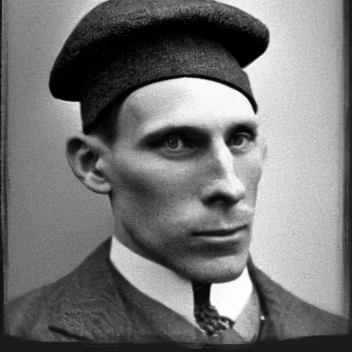 Image similar to A photograph portrait of Jerma985 wearing a newsboy cap in the early 1900s, taken in the early 1900s, grainy, taken on a early 1900s Kodak Camera, realistic, hyperrealistic, very realistic, highly detailed, very detailed, extremely detailed, detailed, digital art, trending on artstation