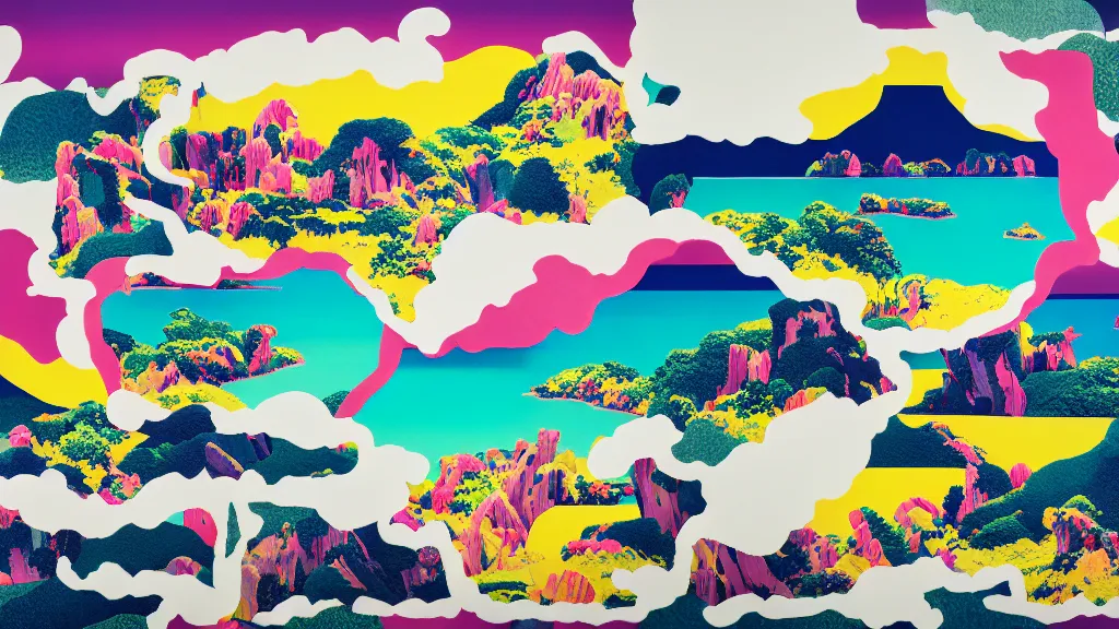 Image similar to dramatic landscape of okinawa prefecture, japan, a collage painting, in the style of wes anderson, lola dupre, okuda, david hockney, isolated on negative white space background dark monochrome neon fluorescent spraypaint accents volumetric octane render