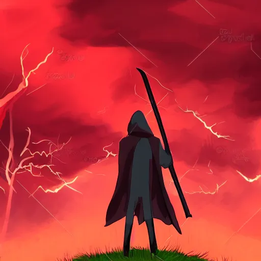 Image similar to red grim reaper holding his scythe in a red thunderstorm, cel shaded, anime art style, highly detailed