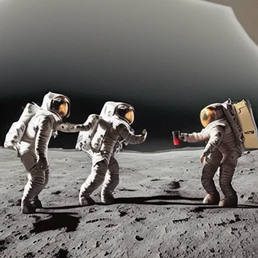 Image similar to 3 men drinking a beer on the moon as the earth explodes in the background