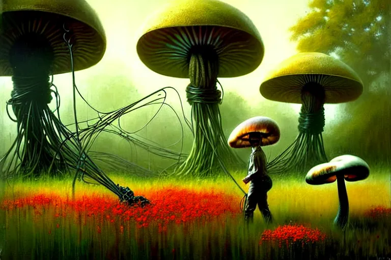 Prompt: surreal painting by craig mullins and greg rutkowski | garden flowers + poison mushrooms surrounded by cables + long grass + garden dwarfs repairing giant mosquito, 7 0's vintage sci - fi style, rule of third!!!!, cinematic