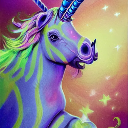 Image similar to a circus unicorn, fantasy art