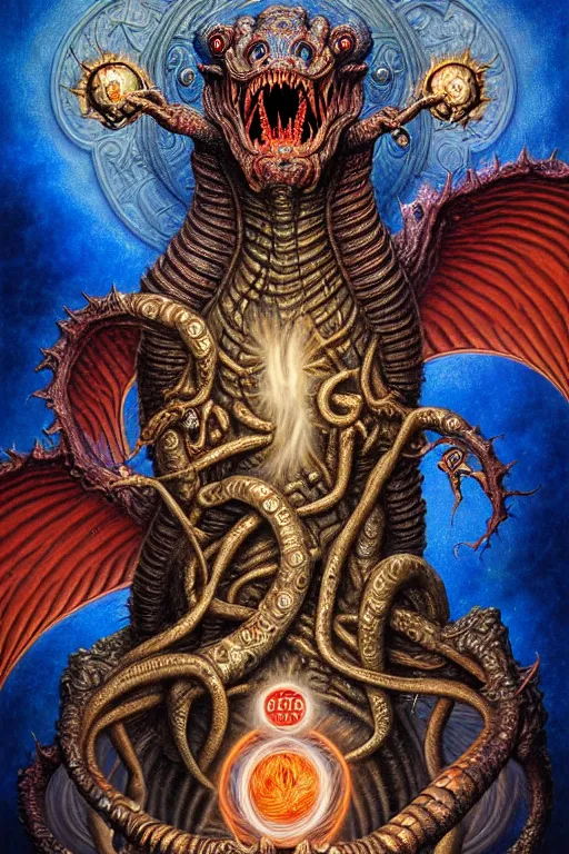 Image similar to A beautiful detailed grotesque godness monster super cute tarot card, by tomasz alen kopera and Justin Gerard, symmetrical features, ominous, magical realism, texture, intricate, ornate, royally decorated, mechanic, skeleton, whirling smoke, embers, red adornements, blue torn fabric, radiant colors, fantasy, trending on artstation, volumetric lighting, micro details, 3d sculpture, ray tracing, 8k, anaglyph effect, digital art